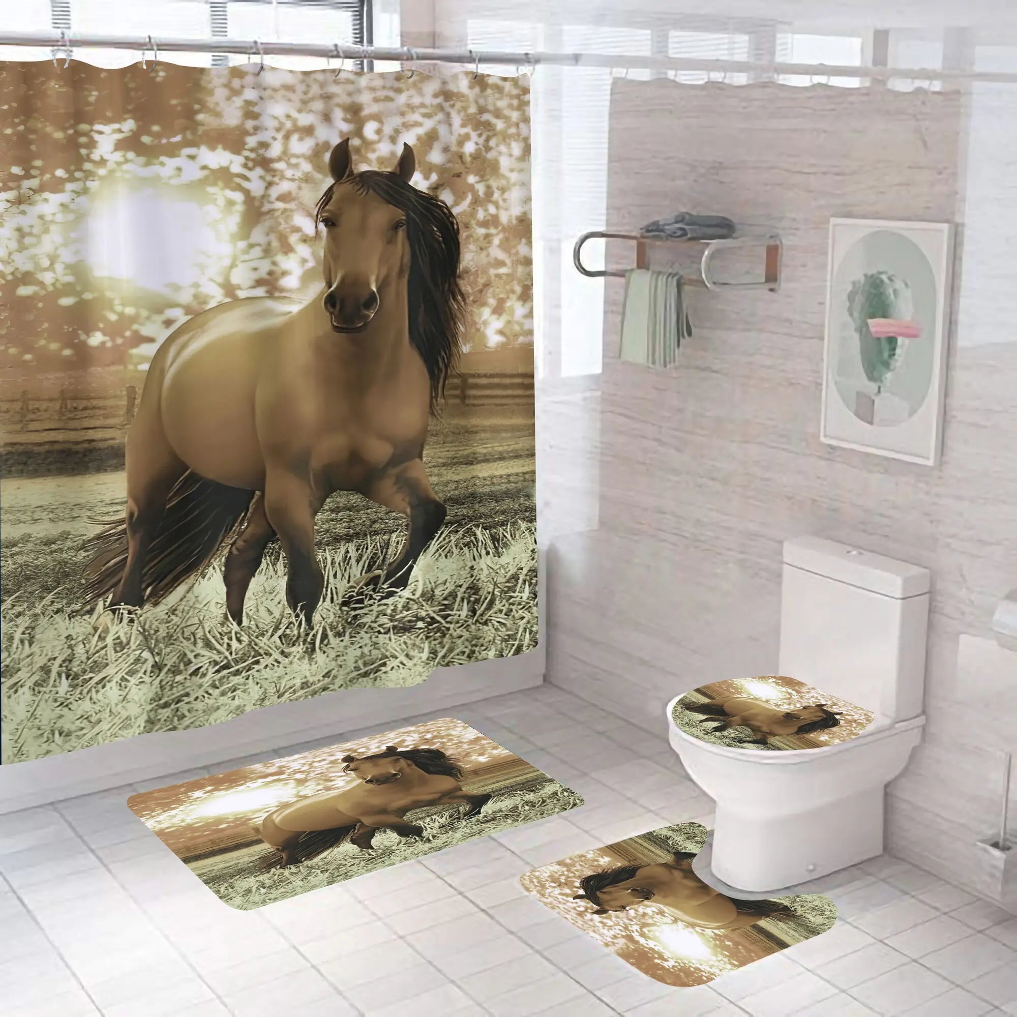 Horse Running Shower Curtains Bathroom Decor Aniaml Printed Waterproof Polyester Fabric Home Bath Bathtub Curtain Set With Hooks