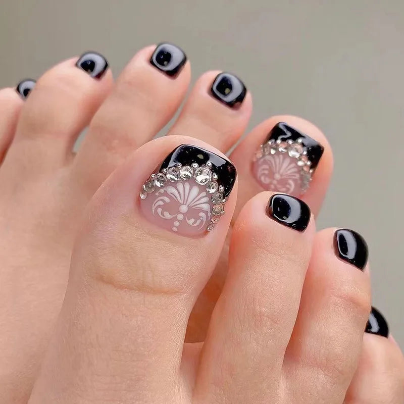 Flores Blancas Uñas Postizas Artificiales Francesas Nude Rosa Uñas Falsas para Pies con Pegamento Uñas Postizas Cortas Planas para Pies al por Mayor