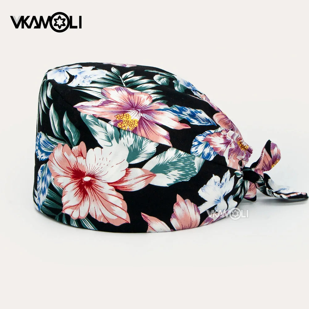 Gorros de enfermería de moda ajustables de algodón con estampado de flores Sombreros ajustables de alta calidad que absorben el sudor Gorro elástico multicolor
