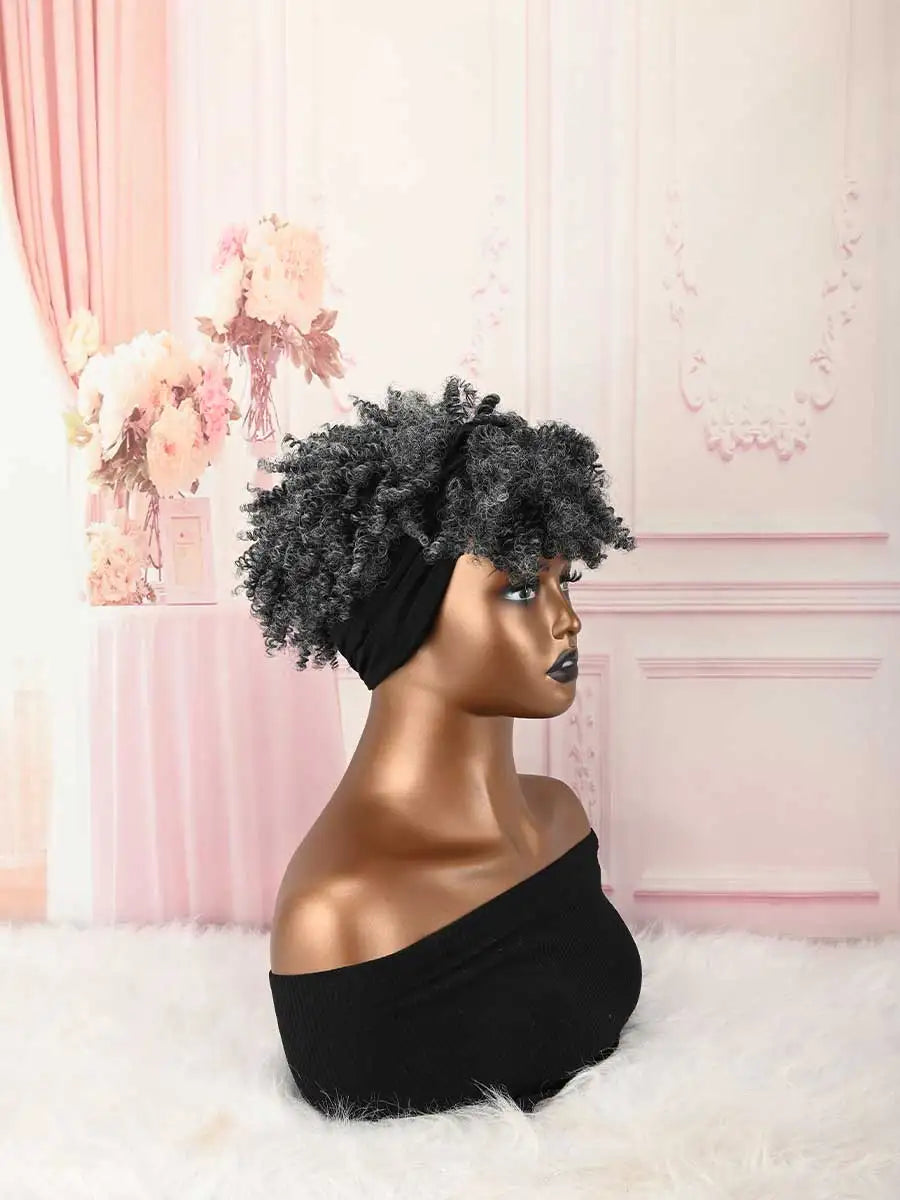 Headband Wig Curly Headband Wig With Bangs For Women Synthetic Afro Curly Hair Wig With Headband Attached Short Kinky Curly Afro High Puff With Bangs Stripes Short Red Curly Wigs with Bangs for Women, Natural Wavy Synthetic H