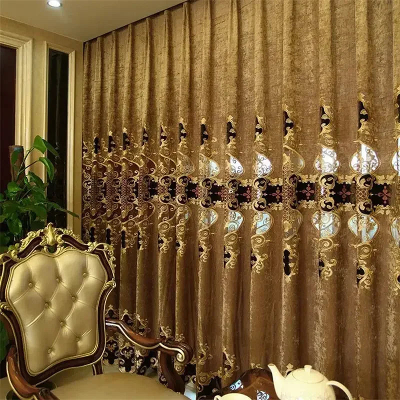 Brown & Gold Chenille Velvet Curtains