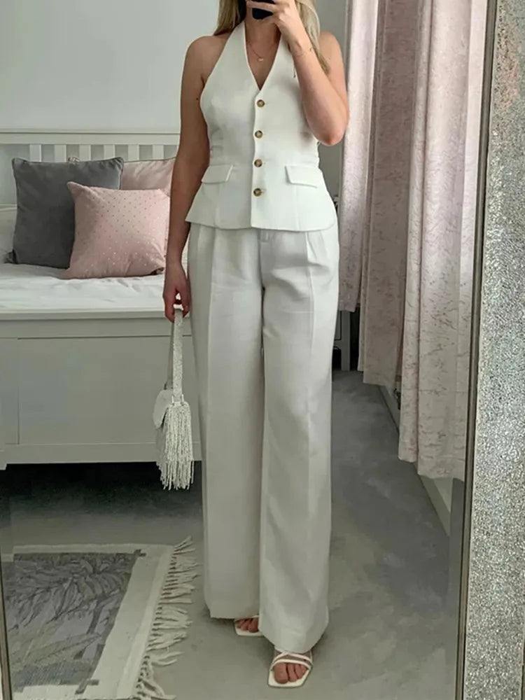 MUJER Women Pants Sets Off Shoulder Sleeveless Vest Top Woman Wide Leg Pants Women 2 Piece Set Outfit Elegant Women's Pants Suit