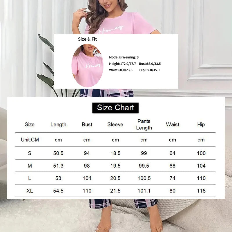 Conjunto de Pijama para Mujer, Suave y Cómodo, Camiseta con Estampado de Letras y Pantalones Largos a Cuadros, Ropa de Dormir de 2 Piezas, Ropa de Casa, Loungewear