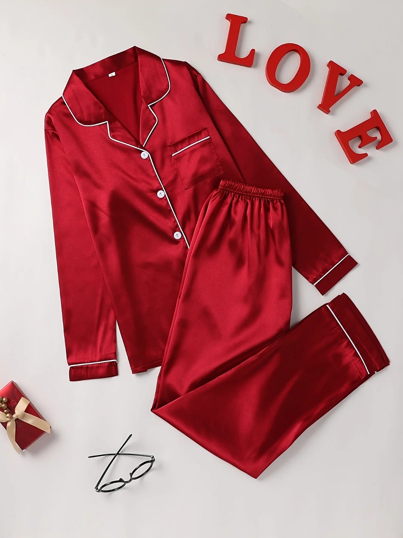 Conjunto de pijama liso de manga larga con botones y cuello tipo solapa, top y pantalones, conjunto de ropa de dormir y de estar para mujer