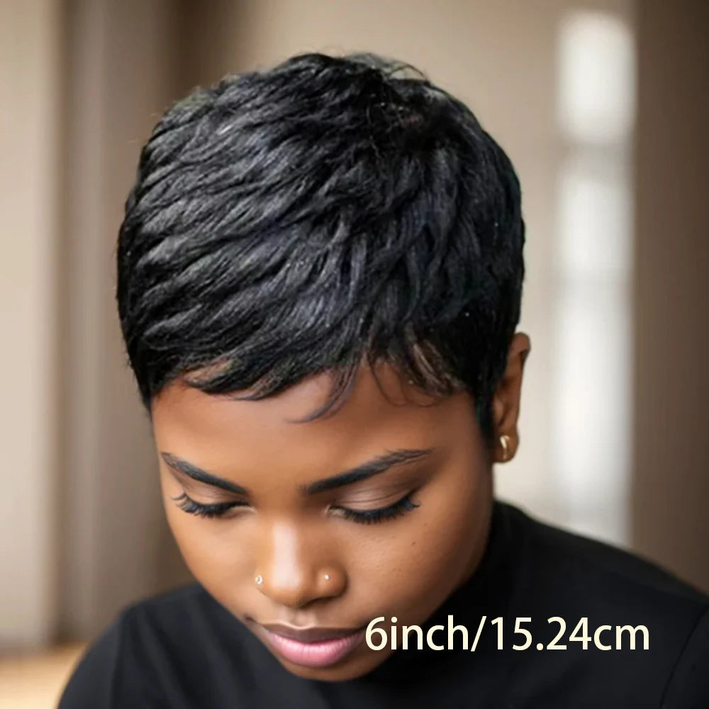 Pelucas de corte Pixie corto, cabello humano, peluca Pixie corta ondulada para mujeres, negro natural 99J, pelucas de cabello brasileño, peluca completa hecha a máquina