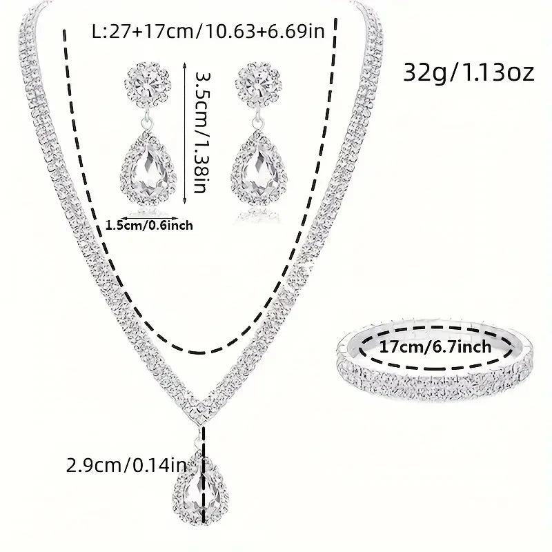 Juego de joyas lujosas de 4 piezas, exquisito colgante de diamantes de imitación, elegante collar, pendientes y pulsera chapados en plata con cristales para mujer