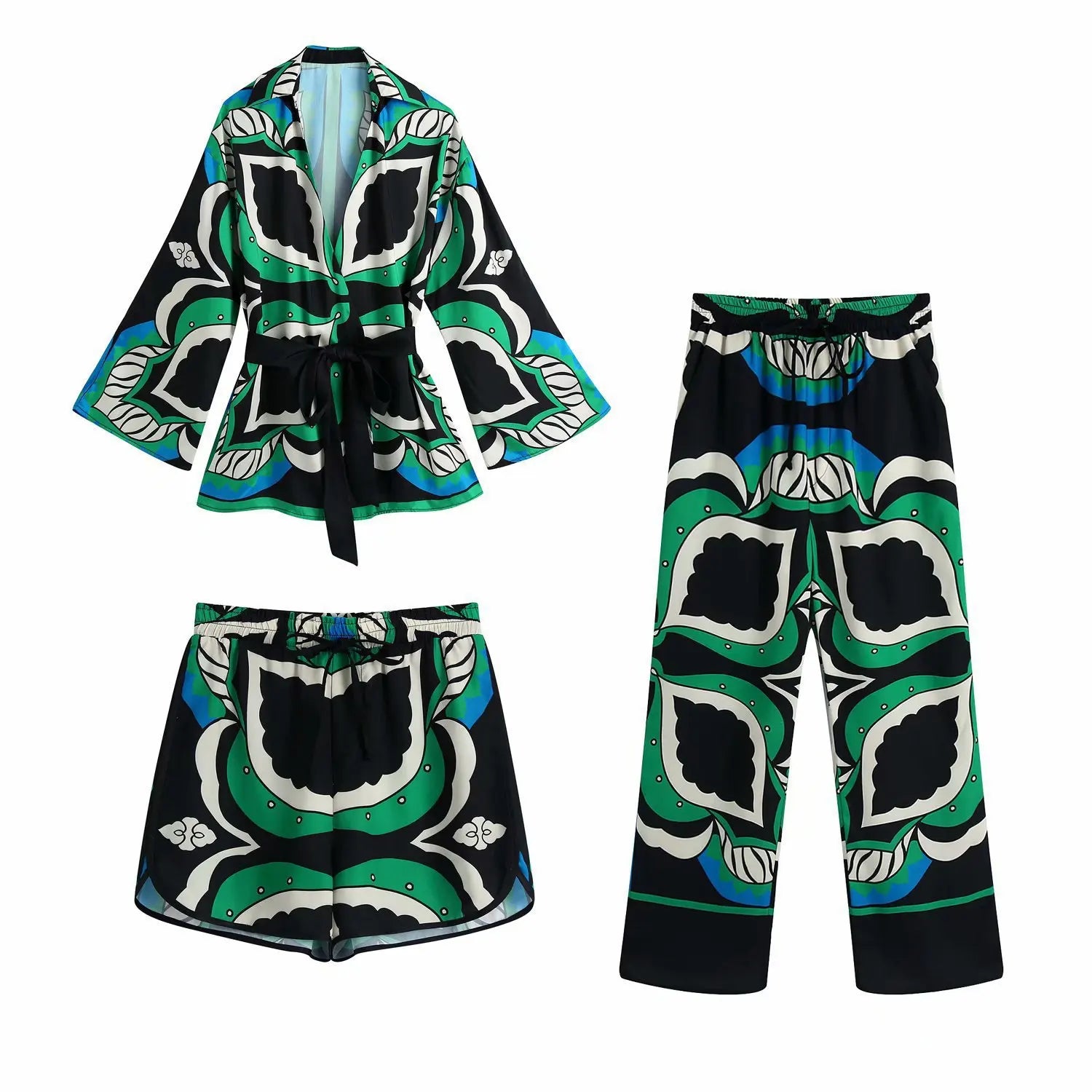 Women's Print Pajamas Set Summer Spring 3 Pieces Ladies Loose Sleepwear Kimono Streetwear V Neck Pijama Suit For Female 2024