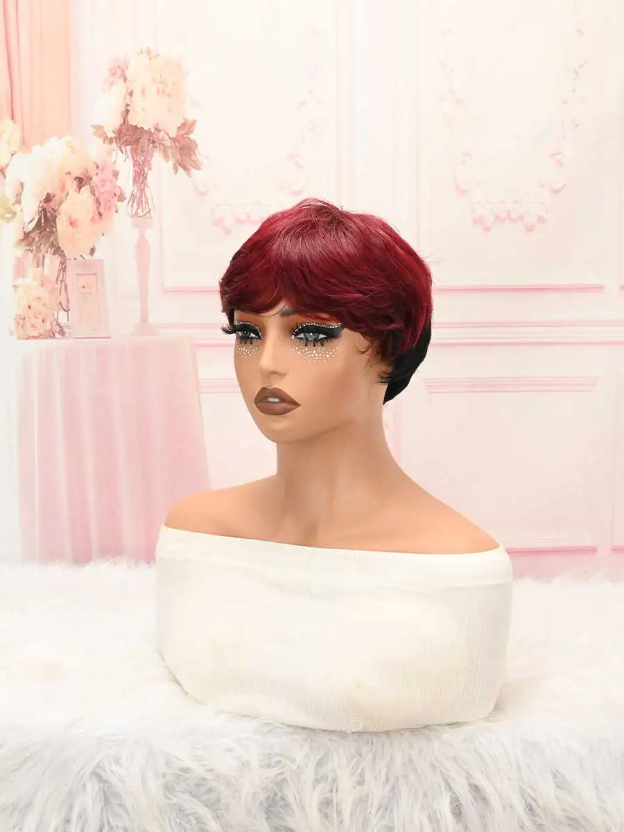Red Black Ombre Layered Short Pixie Wig Bang Heat Resistant Synthetic Women Party Wig