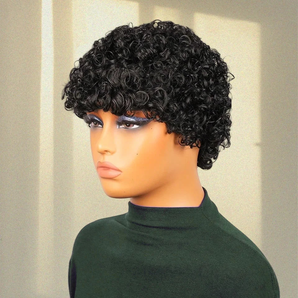 Short Elfin Cut Human Hair Wig For Women Short Afro Curly Wave Full Machine Made wig Human Hair Holiday Wear Party Wear