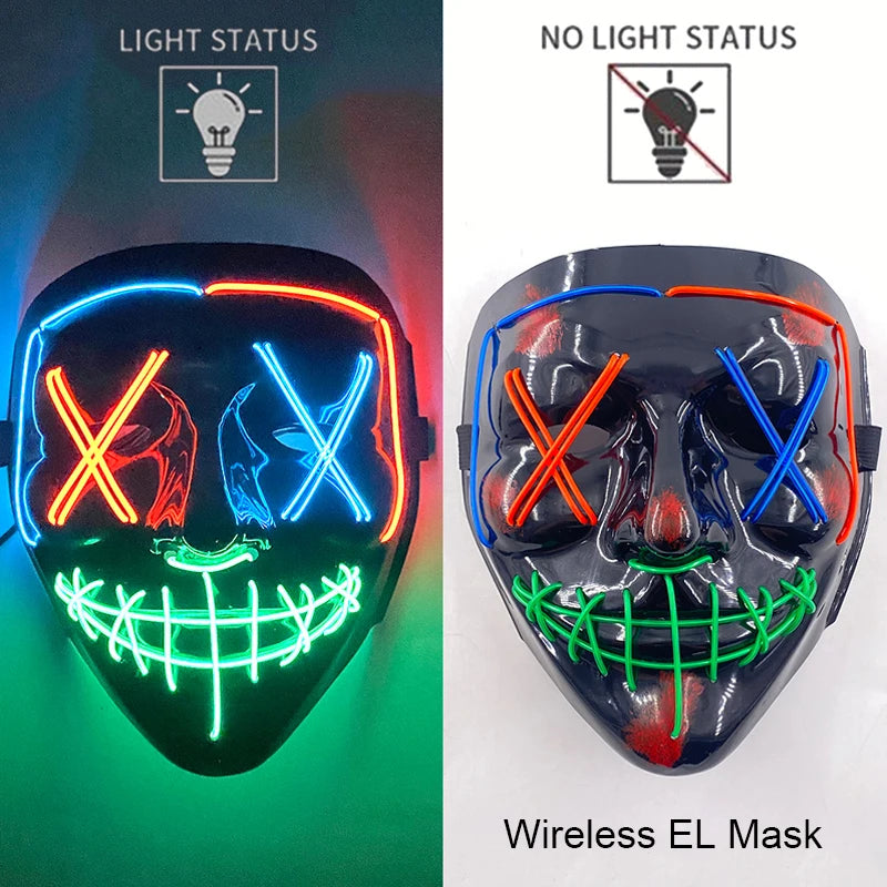 Máscara de purga LED de neón inalámbrica, que brilla en la oscuridad, máscara de cosplay de terror para Halloween, máscaras de fiesta de disfraces, accesorios luminosos divertidos