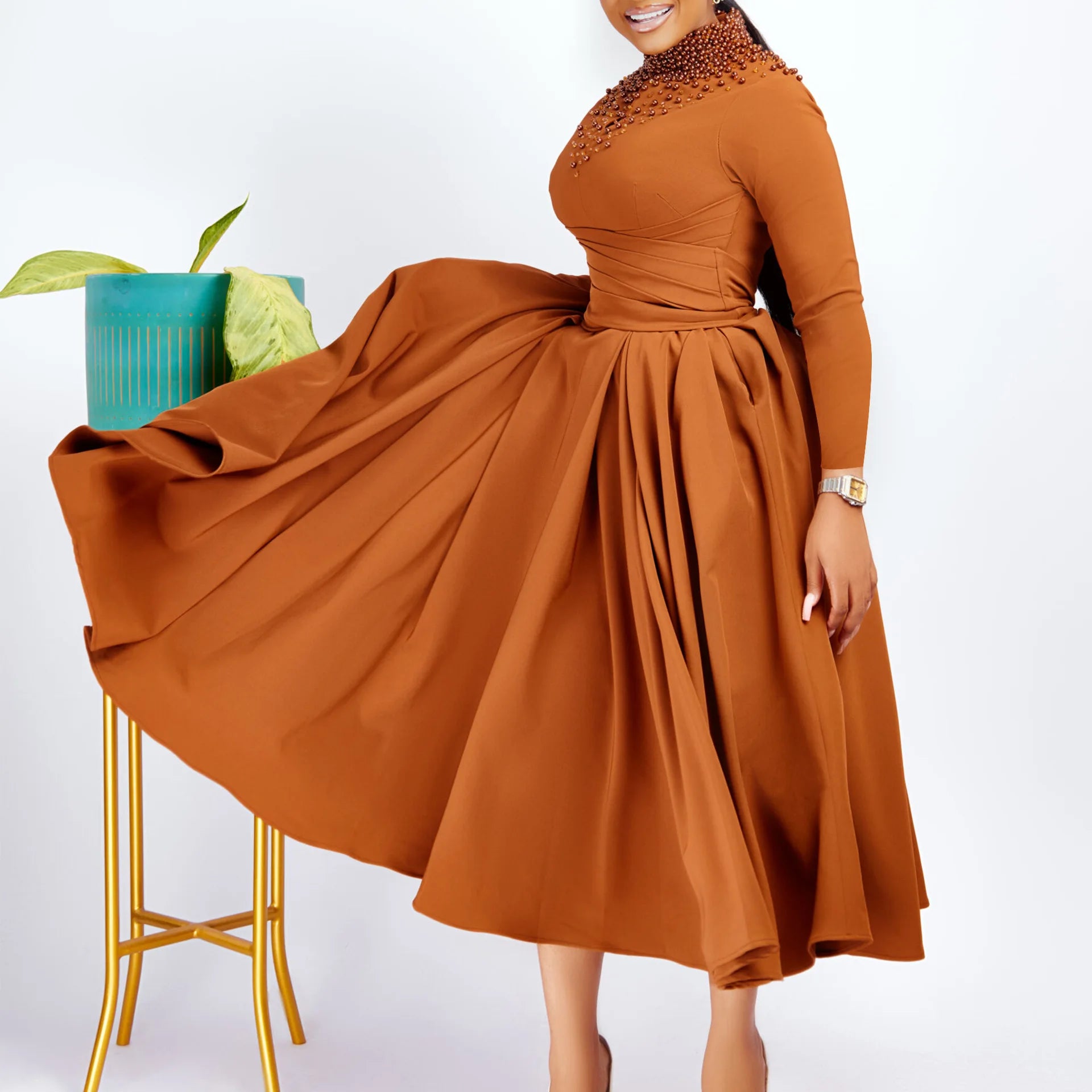 Vestido Elegante Africano para Mujer, Vestidos de Noche con Cuello Alto y Cuentas a la Moda, Vestido Delgado de Temperamento para Mujer, Vestidos Casuales de Manga Larga