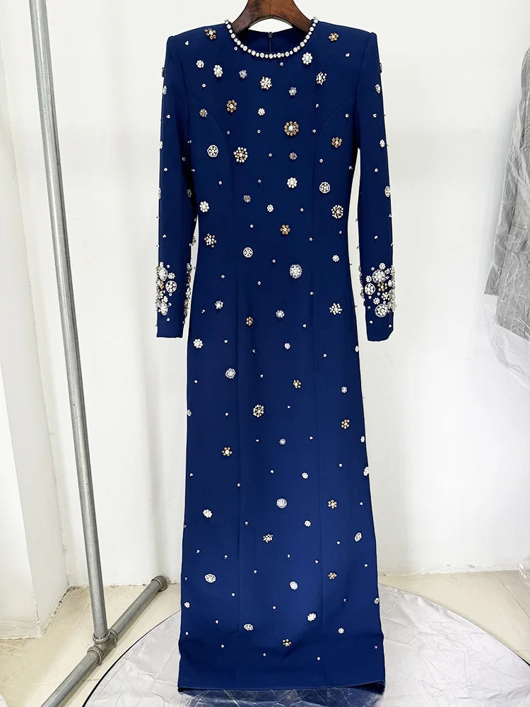 HIGH STREET Última Moda Diseñador Fiesta Vestido Formal Mujer Manga Larga Lujoso con Cuentas Vestido Largo Maxi