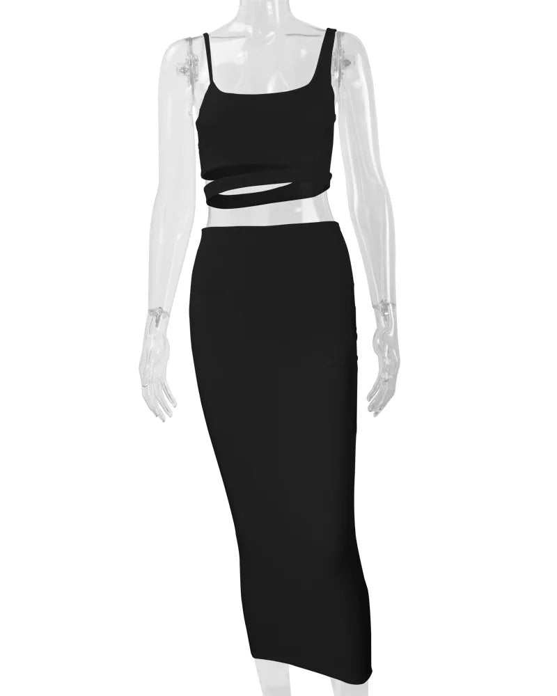 Conjuntos de faldas de verano para mujer, top corto sin tirantes con aberturas + conjuntos de falda ajustada elástica de cintura alta, trajes de dos piezas sexys para mujer a la moda