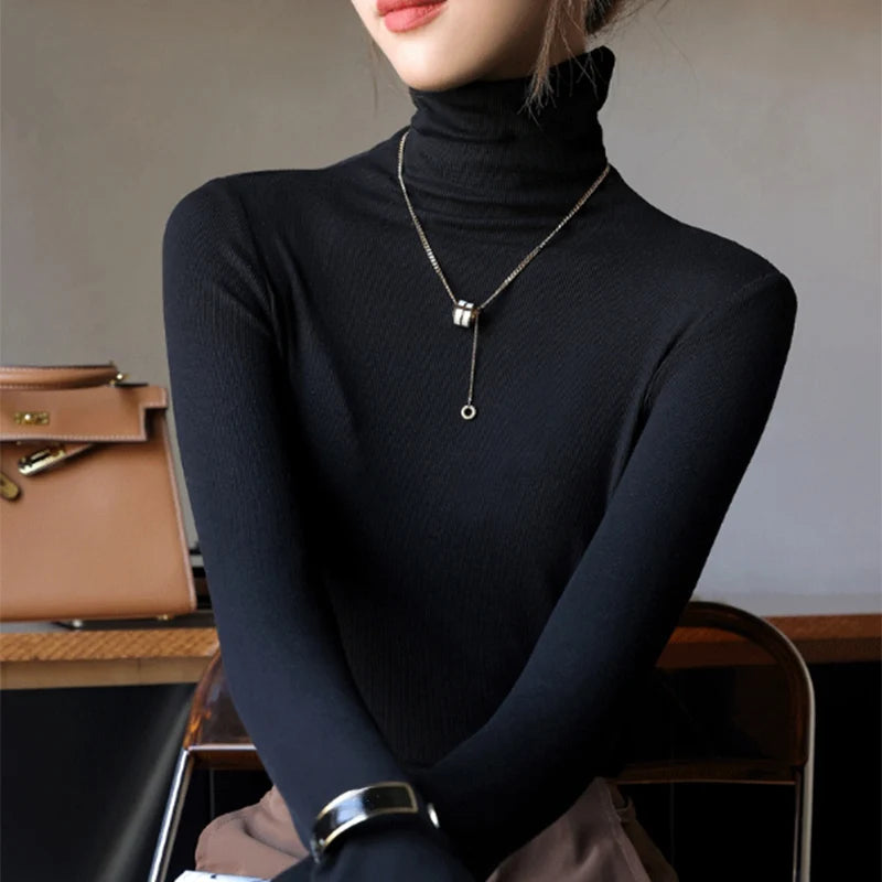 Otoño Nuevo cuello alto básico suéteres de punto gama alta sentido temperamento manga larga suéteres moda Slim Fit blusas interiores