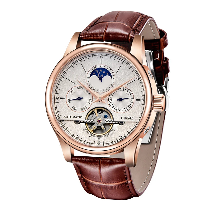 LIGE Relojes para hombre Reloj mecánico automático Reloj Tourbillon Piel auténtica Reloj impermeable Reloj de pulsera militar para hombre