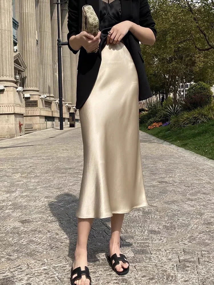 Jupes en satin de soie pour femmes, style coréen, couleur champagne, taille haute, coupe trapèze, élégante, couleur unie, longue, crayon, 2025