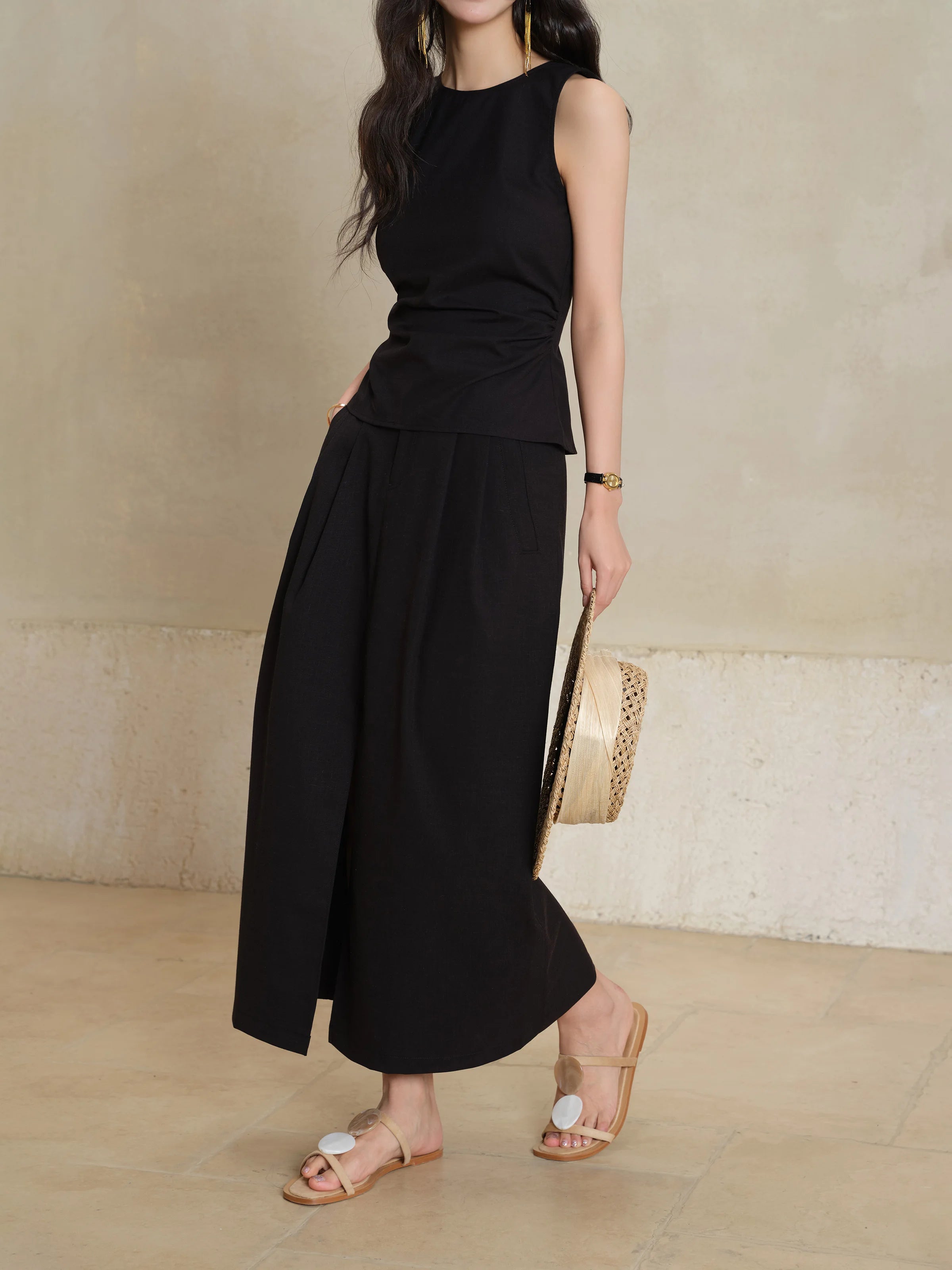 Conjunto de dos piezas de top y falda sin mangas para mujer, corte delgado, top con bajo dividido y falda maxi recta, conjunto elegante a juego de verano