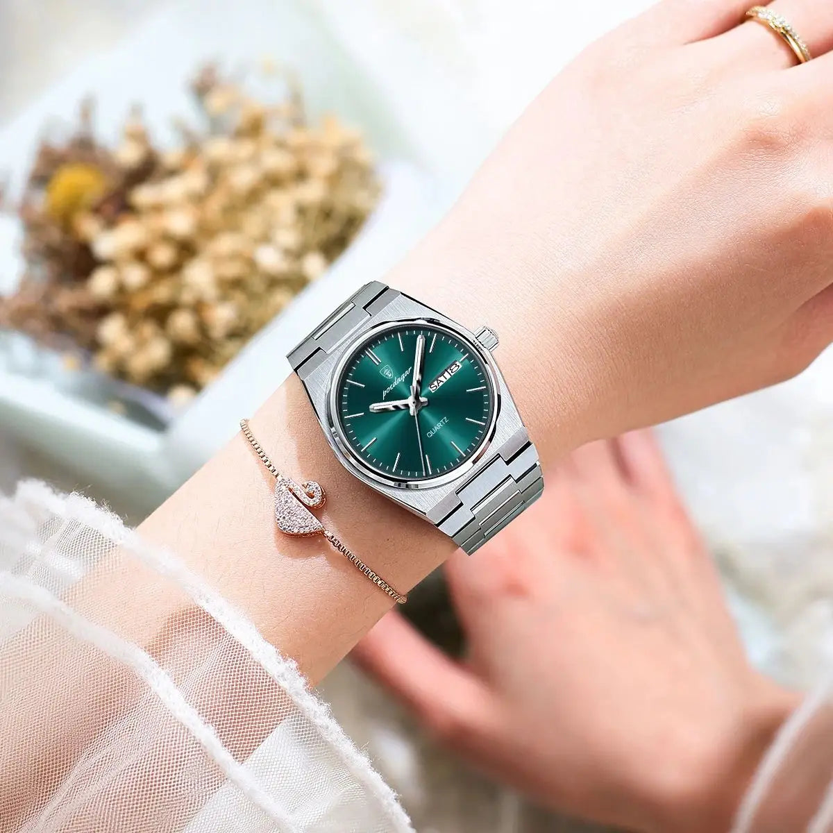 POEDAGAR Relojes Elegantes para Mujer Impermeable Luminoso Fecha Semana Reloj de Cuarzo de Acero Inoxidable para Mujer Reloj de Pulsera de Moda
