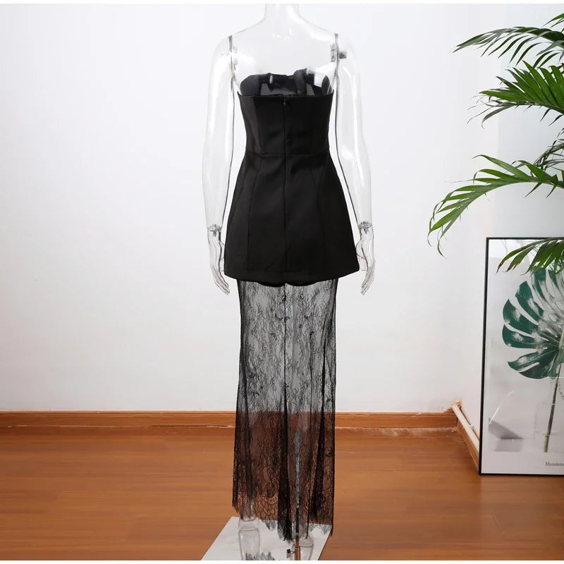 Conjuntos de Falda Larga de Encaje con Top Tubo de Moda para Mujer, Tops sin Tirantes sin Mangas Delgados, Falda Transparente, Conjunto de Vestido Chic para Fiestas de Verano