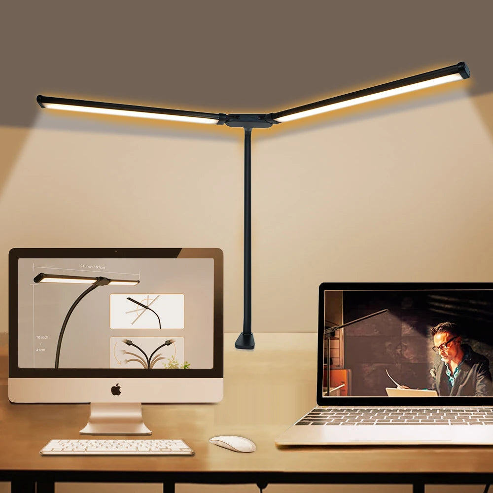 Lámpara de escritorio LED de oficina para el hogar, doble cabezal, atenuación continua, luces de lectura que cuidan la vista, 3 modos de color, lámparas de mesa de PC ajustables y flexibles