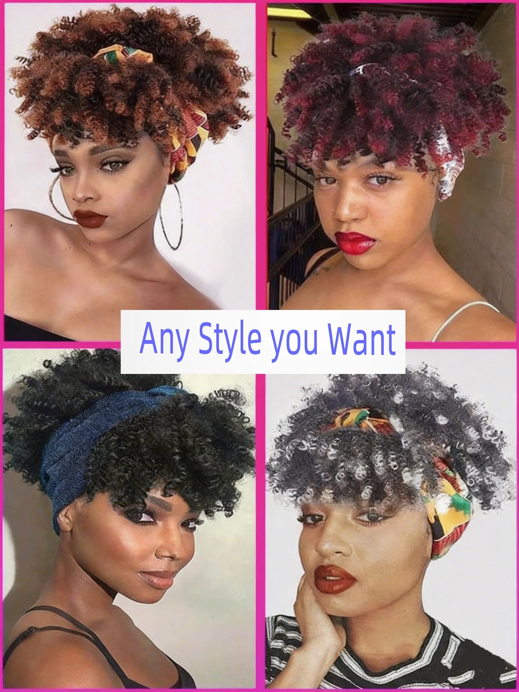 Short Afro Kinky Curly Headband Wig Glueless Ombre Turban Head Wrap Human Hair Wigs For African American Women Daily Cosplay 