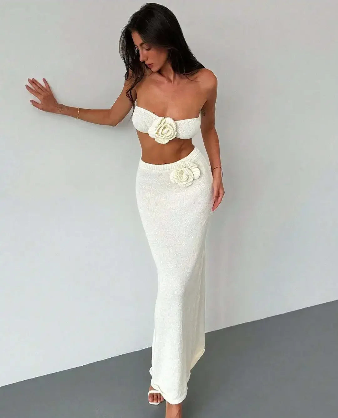 Conjunto de punto de 2 piezas para mujer, falda larga con retales florales, tops de tubo y falda de playa ajustada de cintura alta, conjuntos de punto para mujer