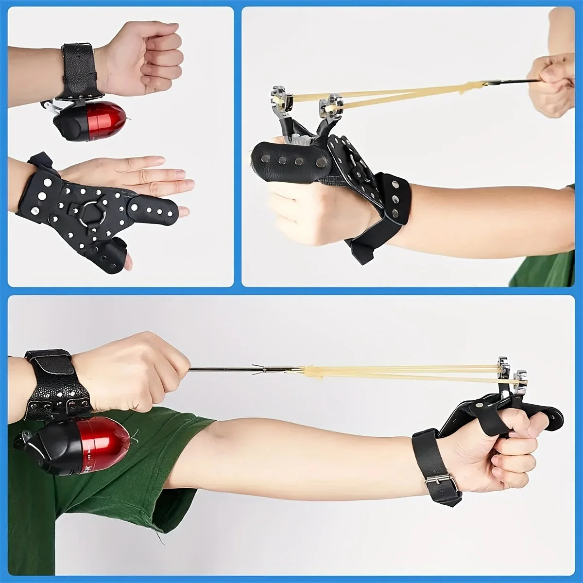 Guantes protectores para deportes al aire libre: remaches para honda/tiro con arco/dardos/pesca, guantes de cuero, muñequeras fijas negras
