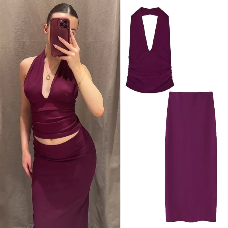 TRAF Sexy Skirt Sets Women's 2 Pieces Spring Summer Short Halter Tops Midi Skirts Fashion Party Evening Elegant Skirt Set Outfit