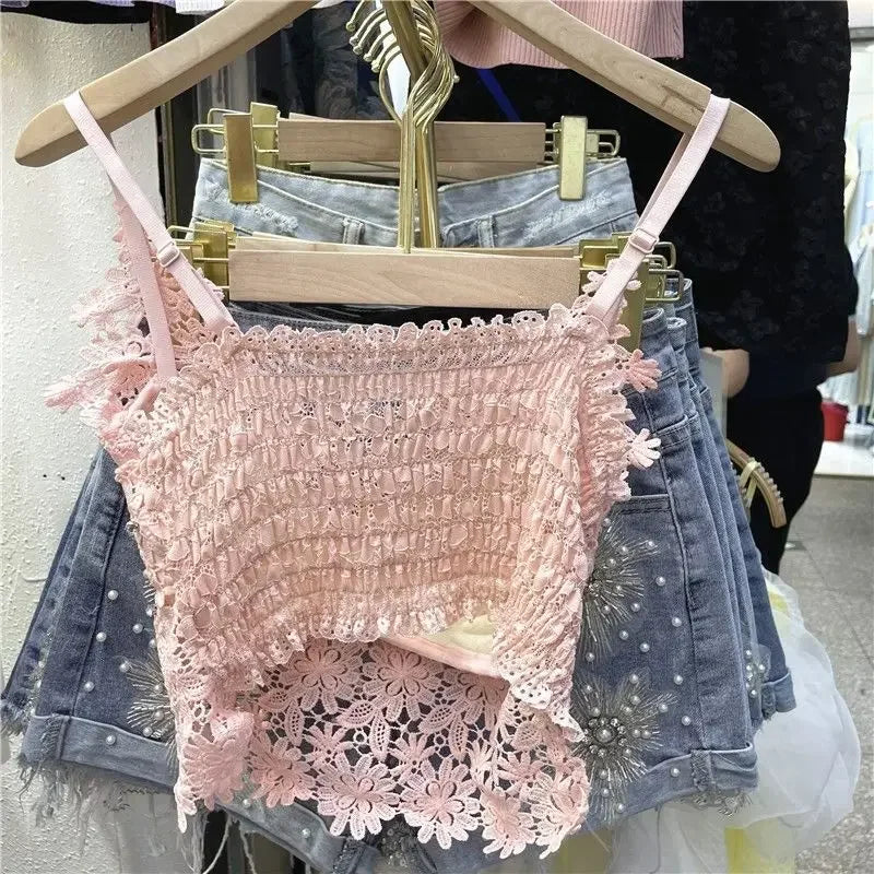 Ropa de mujer, top corto sexy con abalorios pesados y estampado floral, top de encaje de mariposa, top corto que deja el ombligo al descubierto, camiseta de tirantes de verano.