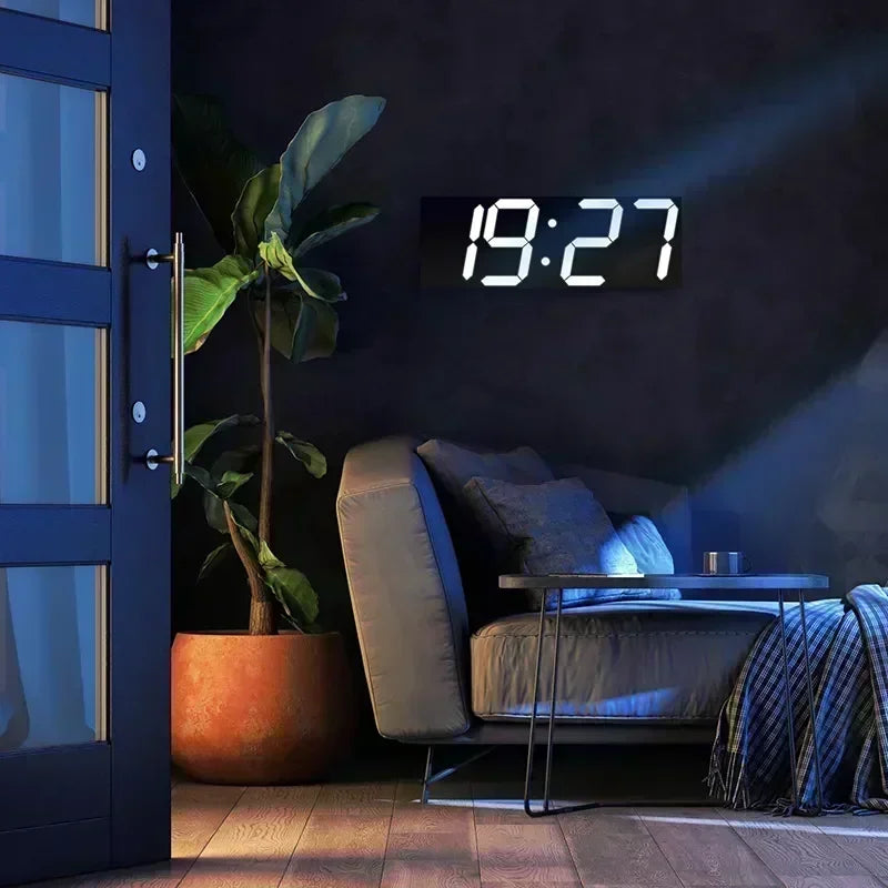 Reloj digital de pared, decoración para dormitorio, relojes electrónicos ajustables, relojes 3D LED para decoración del hogar, reloj con modo nocturno que brilla.