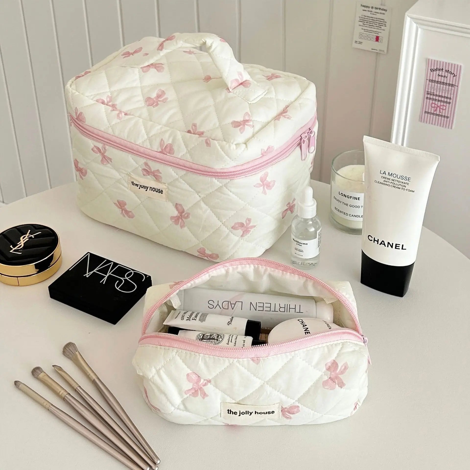Bolsa de cosméticos para mujerBolsa de viaje para artículos de aseo Bolsa de maquillaje con lazo Bolsa de almacenamiento de maquillaje de moda Neceser organizador de bolso Kosmetiktasche