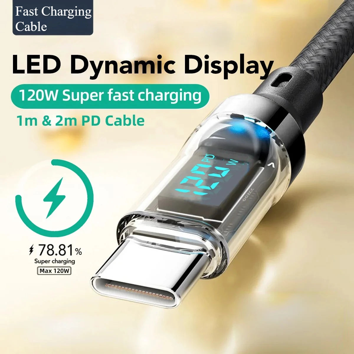 Câble USB-C avec écran LCD affichant la puissance, transfert de données et recharge super rapide 120W max, USB-A vers Lightning pour iPhone 14 Pro