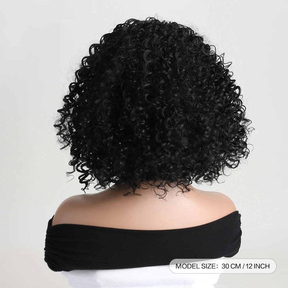 Peluca rizada Kinky negra corta y lisa con diadema sintética natural para mujeres negras, uso diario en fiestas, cabello falso resistente al calor