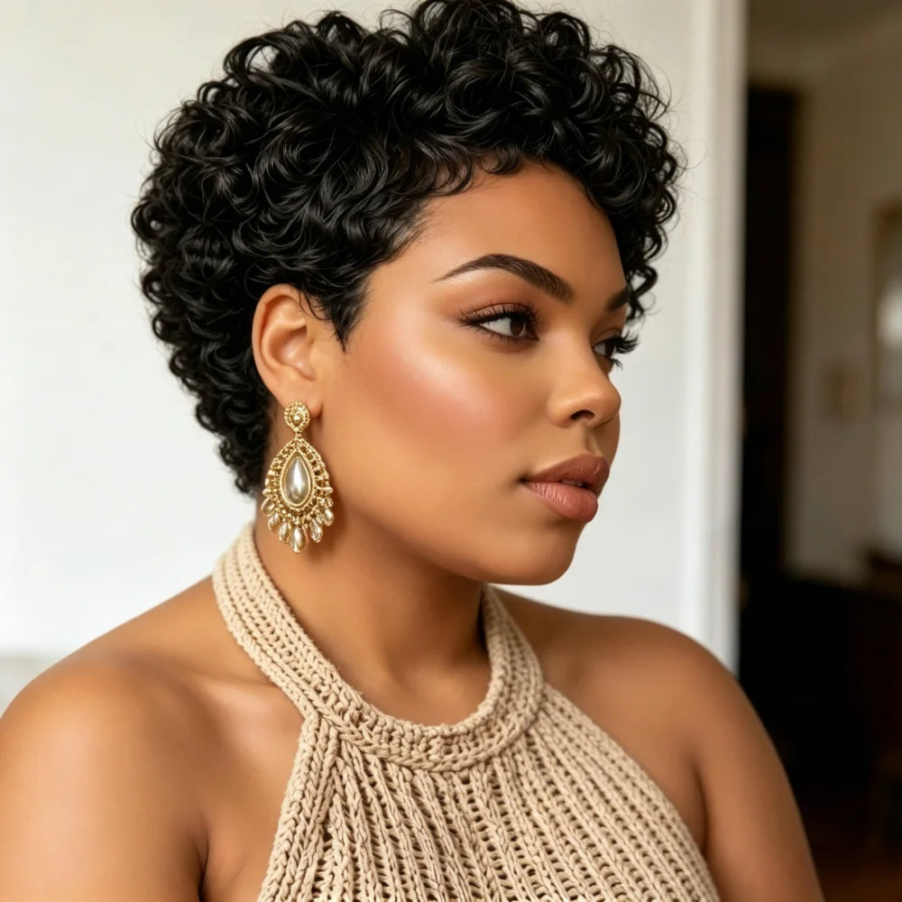 Short Pixie Human Hair Wigs for Fashion Women Full Machine Made Pixie Cut Wig Curly Human Hair Wigs with Bangs Natural Wavy Blac