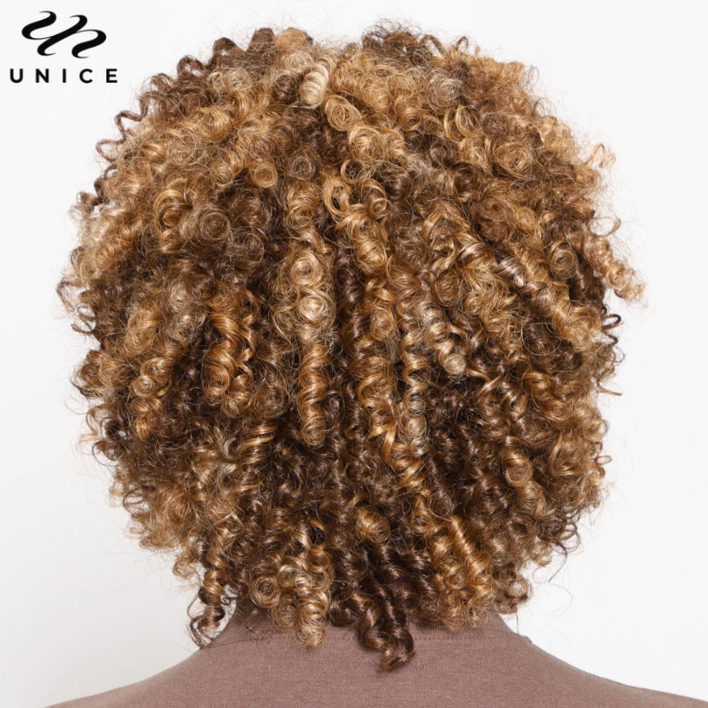 UNICE Peluca Afro Rizada Kinky Rubia con Reflejos y Flequillo 100% Cabello Humano Rizos Elásticos Pelucas Cortas de Cabello Humano Peluca Completamente Hecha a Máquina