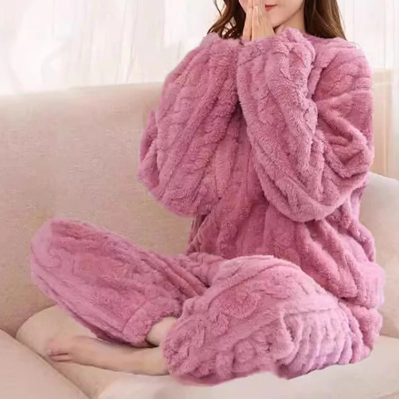 Conjunto de pijama de mujer, invierno, ropa de dormir, cuello redondo, top holgado de manga larga, pantalones de cintura elástica, conjuntos de pantalón, tallas grandes, conjuntos a juego