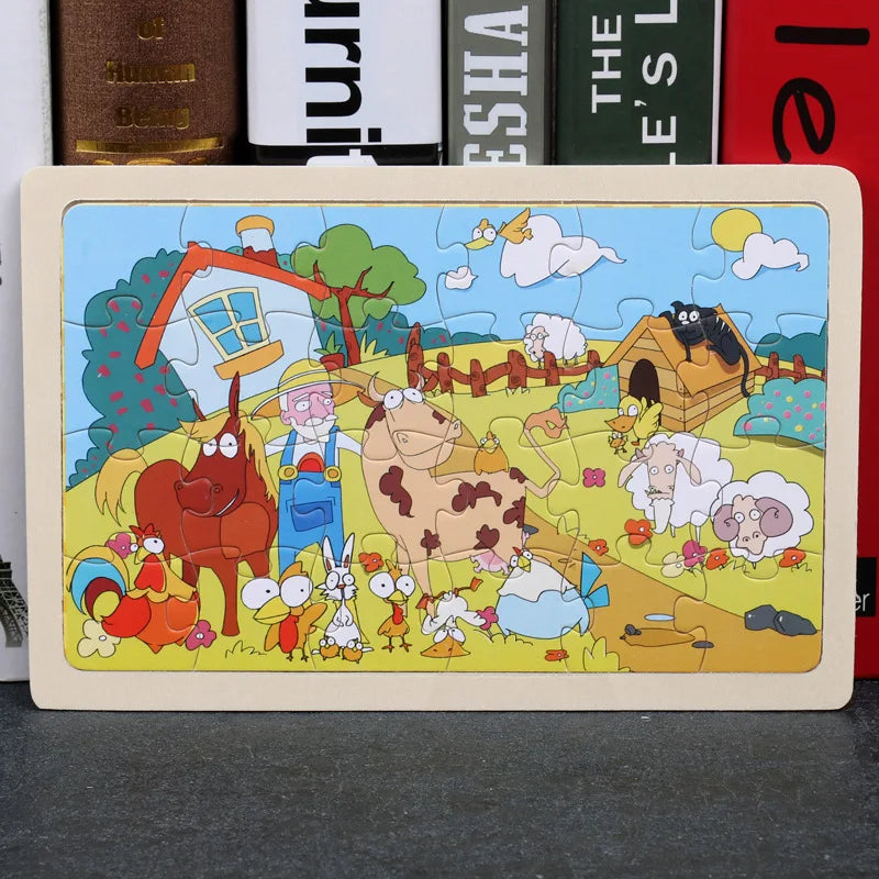 Rompecabezas de madera de 24 piezas para niños, diseño de animales de dibujos animados, juguete educativo temprano de madera para niños, regalo