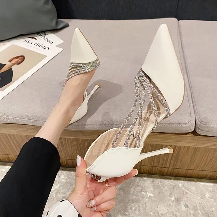 Zapatos de tacón alto para fiesta de noche de mujer, nuevos zapatos de salón elegantes para mujer, de punta, negros, con tiras, para mujer