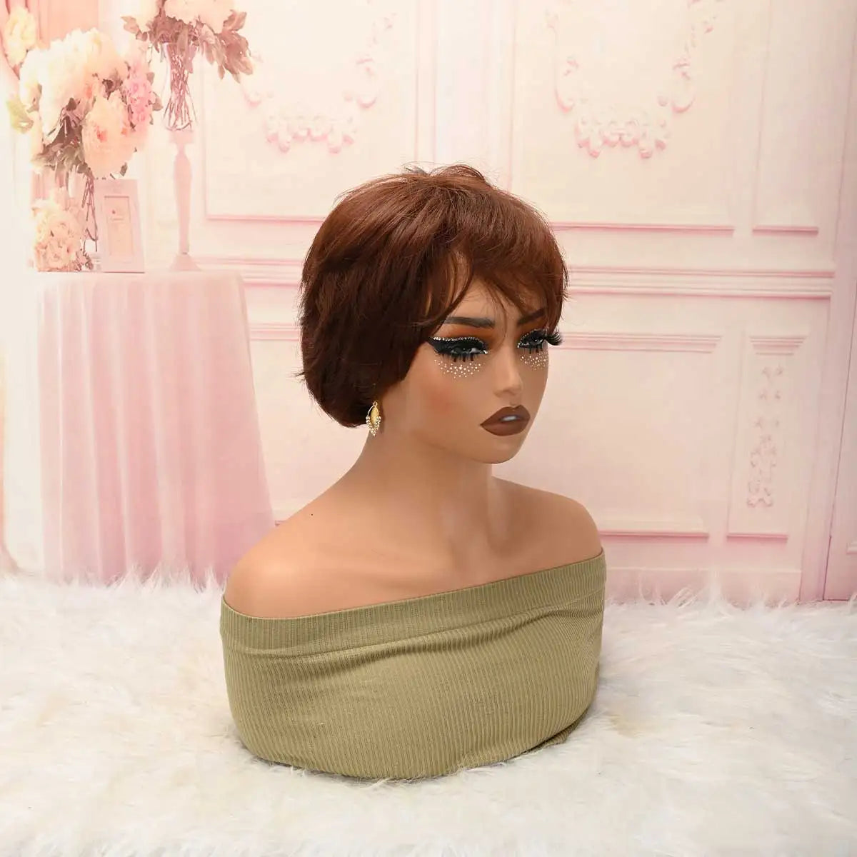 Brown Layered Pixie Short Wig with Side Bangs for Women, Heat‑Resistant Synthetic Glueless Wig Daily Party Fashion Wig