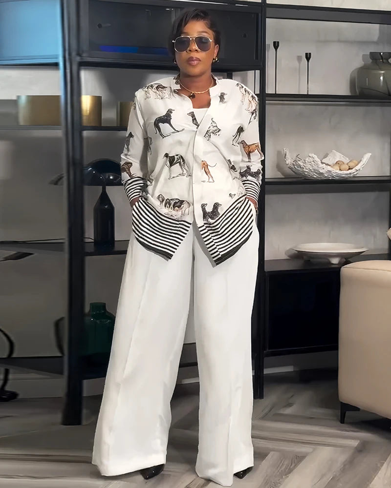 Fashion Women New Two Piece Sets Elegant Summer Floral Print Lapel Single Breasted Tops Wide Leg Pants Outfits Casual Streetwear