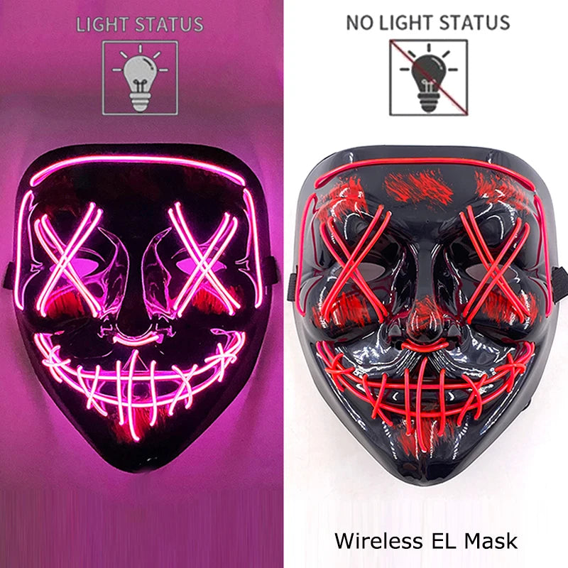 Máscara de purga LED de neón inalámbrica, que brilla en la oscuridad, máscara de cosplay de terror para Halloween, máscaras de fiesta de disfraces, accesorios luminosos divertidos