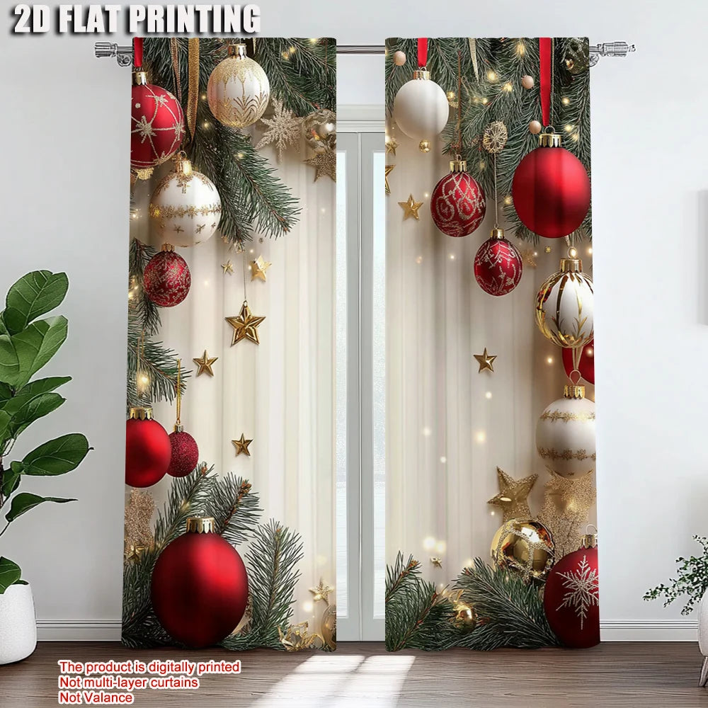 2 Cortinas De Navidad Festivas Doradas Y Rojas Con Diseño De Bolas Y Hojas De Pino, De Poliéster Con Bolsillo Para Barra Para Sala De Estar