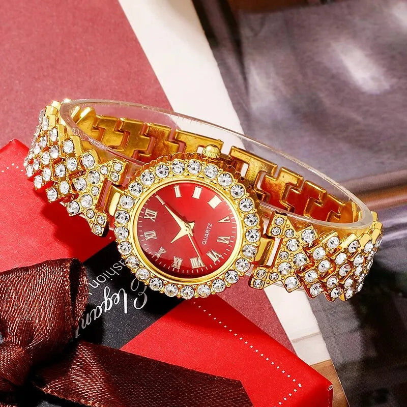 Reloj de lujo dorado, anillo, collar, pendientes para mujer, reloj de pulsera de diamantes de imitación a la moda, conjunto de joyas con pulsera para mujer casual