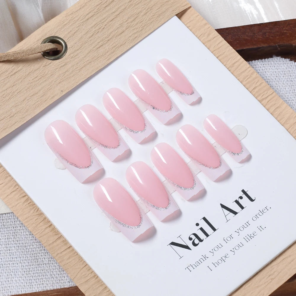 24 Pcs Uñas postizas cuadradas cortas estilo ataúd, uñas postizas francesas con brillo, uñas acrílicas de cubierta completa para mujer, puntas de uñas a presión tipo ballet