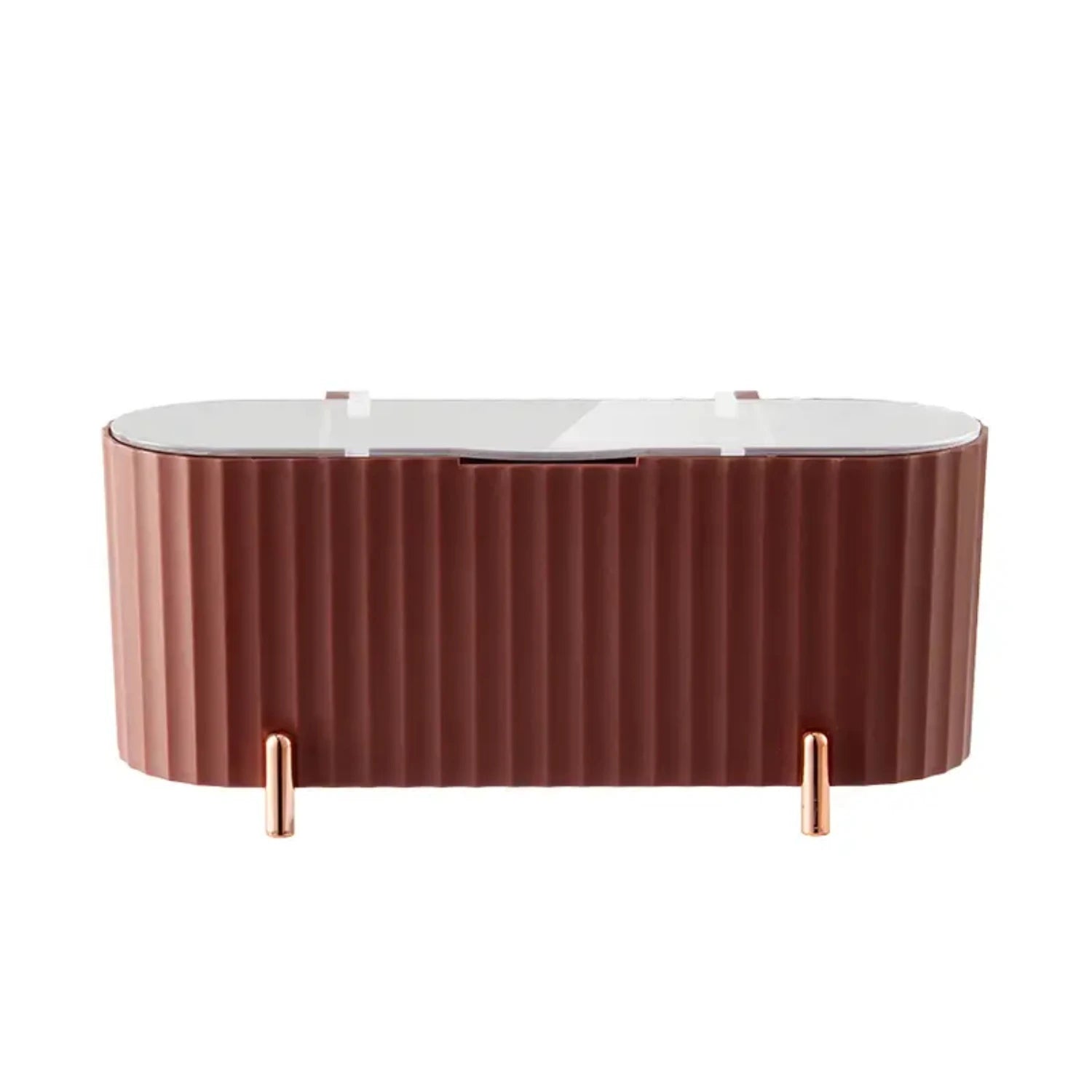 Elegante caja organizadora de cosméticos de escritorio a prueba de polvo con bandeja para esponjas de maquillaje - ¡Organiza tu maquillaje y joyas con estilo! Ideal para baño
