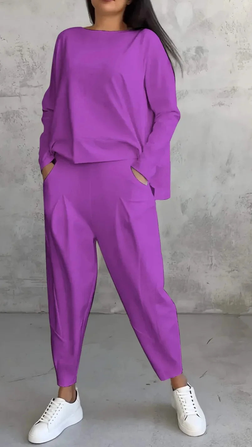 Conjuntos de dos piezas de pantalón para mujer, tops lisos de manga larga, cuello redondo, casual, pantalones largos de cintura media, bolsillos, elegante regular