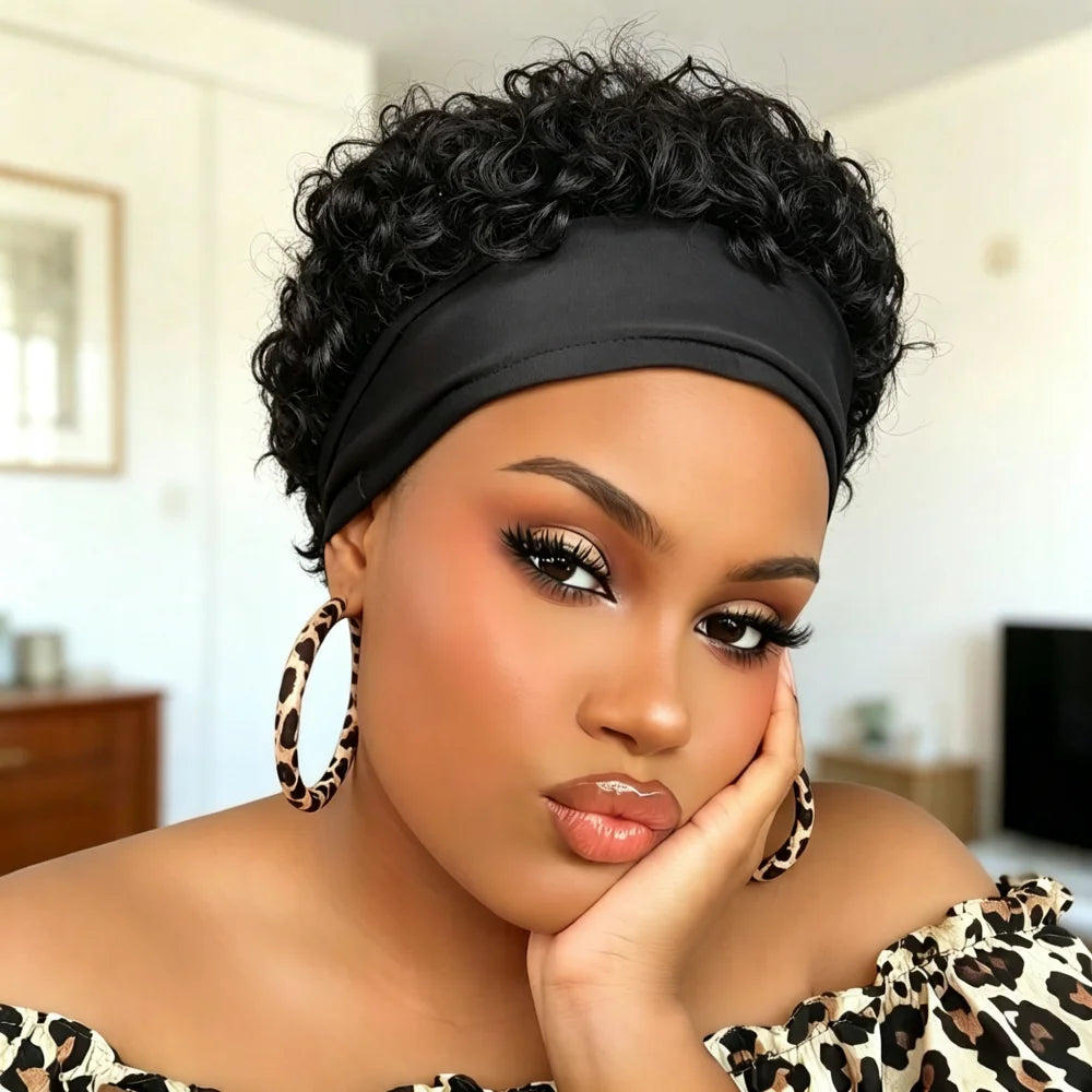 Short Curly Headband Wig Human Hair, Curly Half Wig, full machine made wig Human Hair Headband Wigs for Women