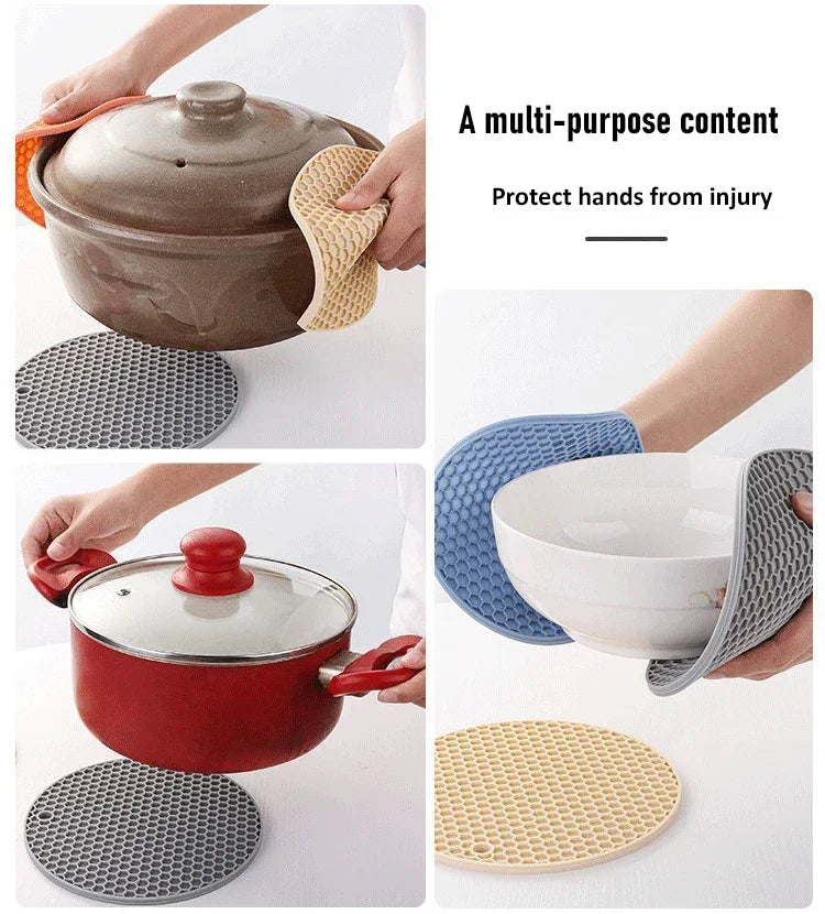Set de table multifonctionnel en silicone pour la cuisine, dessous de verre rond antidérapant et résistant à la chaleur, manique