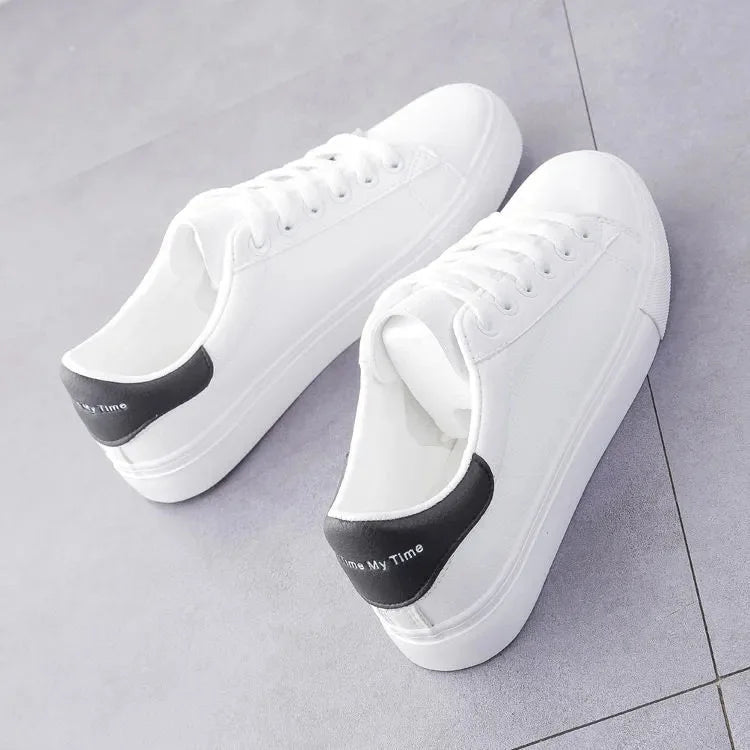 Nuevas Zapatillas de Mujer Moda Transpirable Zapatos Vulcanizados Zapatos de Plataforma de Cuero Sintético Blancos con Cordones Zapatos Casuales Zapatos Mujer