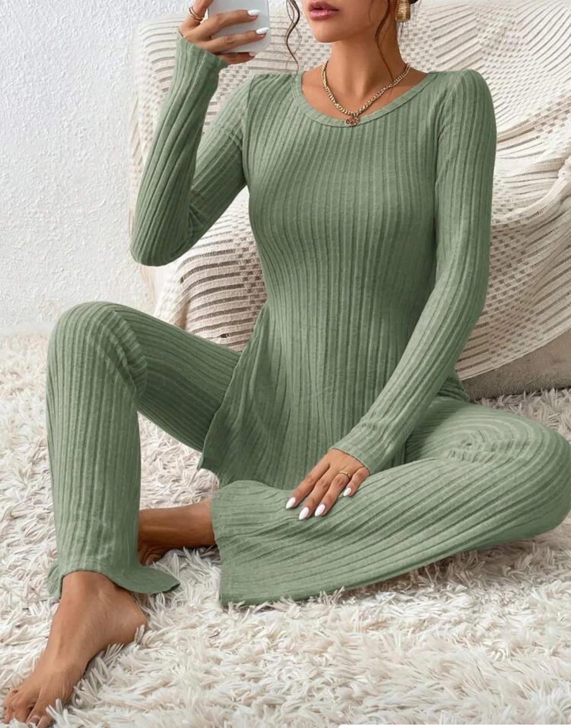 Ropa de Mujer Otoño Invierno Nuevo Estilo Color Sólido Sexy Casual Manga Larga Cuello Redondo Rajado Moda Temperamento Conjunto de Dos Piezas